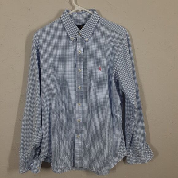 Ralph Lauren Adult Mens L Blue White Check Long Sleeve Button Up Shirt Pink Pony - Picture 1 of 8